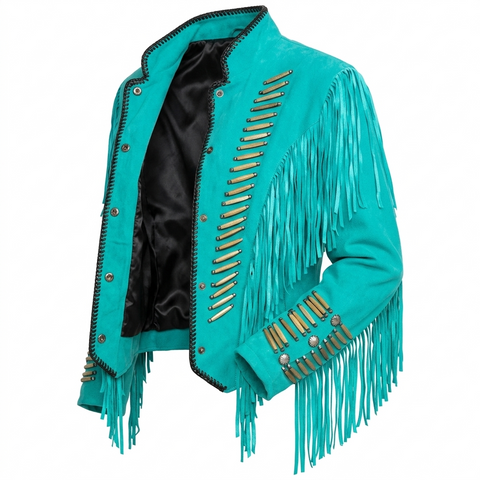 ILHAN LUXURY Suede Fringe Jacket – Western Cowgirl Coat with Bone Piping and Concho Accents