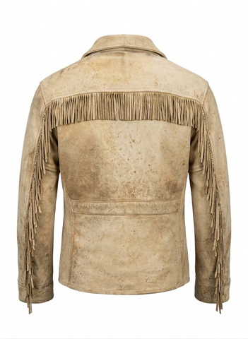 Men’s Suede Western Fringe Jacket  Genuine Leather Zip Up Bomber Coat with Thunderbird Appliqué and Tassels