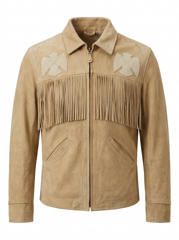 Men’s Suede Western Fringe Jacket  Genuine Leather Zip Up Bomber Coat with Thunderbird Appliqué and Tassels