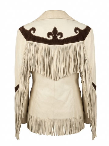 Women’s Western Suede Fringe Jacket  Cream Leather Cowgirl Coat with Contrast Yoke and Classic Buttons