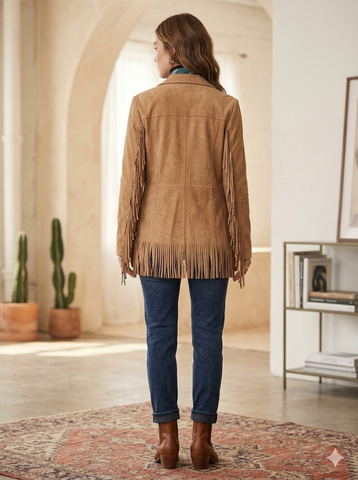 Women’s Premium Suede Western Jacket  Genuine Leather Classic Fitted Blazer Coat with Curved Yokes and Pocket Fringe