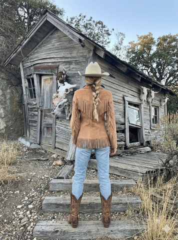 Women’s Premium Suede Western Jacket  Four Button Genuine Leather Blazer Coat with Pointed Yokes and Heavy Pocket Fringe