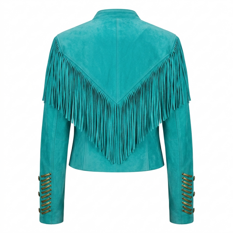 ILHAN LUXURY Suede Fringe Jacket – Western Cowgirl Coat with Bone Piping and Concho Accents
