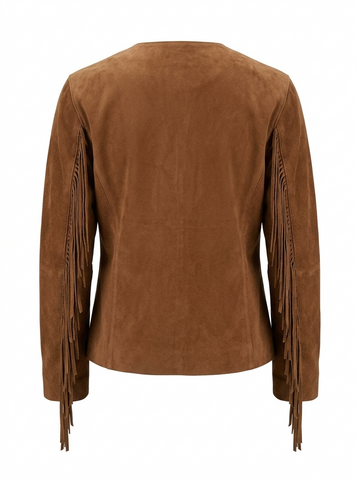 Women’s Premium Suede Fringe Jacket  Genuine Leather Western Tassel Coat with Lace Up Star Appliqué and Accent Beading