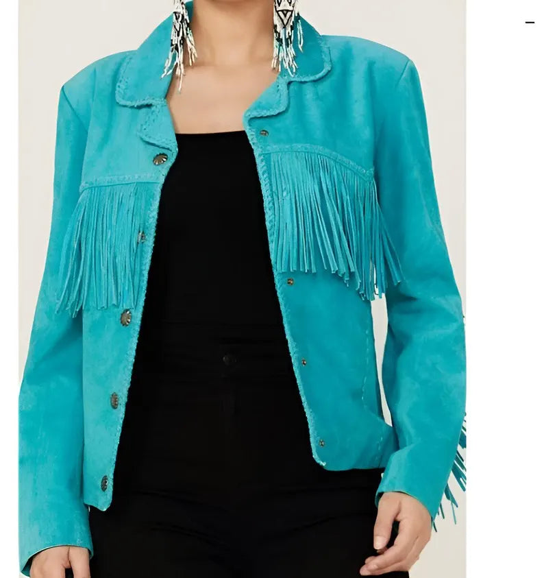 Women's blue Fringe Suede Jacket Western Boho Style, Genuine Suede with  detailing across the chest, back, and sleeves—perfect for festivals