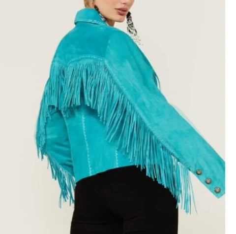 Women's blue Fringe Suede Jacket Western Boho Style, Genuine Suede with  detailing across the chest, back, and sleeves—perfect for festivals