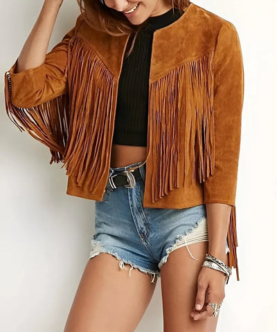 Boho Brown Fringe Jacket | Western Style Suede Look Jacket | Festival Crop Jacket for Women | Cowgirl Outfit Layer