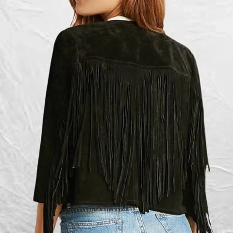 Boho Black Fringe Jacket | Western Style Suede Look Jacket | Festival Crop Jacket for Women | Cowgirl Outfit Layer