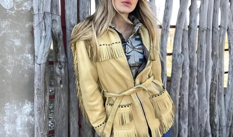 Women’s Suede Western Jacket  Genuine Leather Belted Fringe Coat with Whipstitch Detailing and Full Zip Front