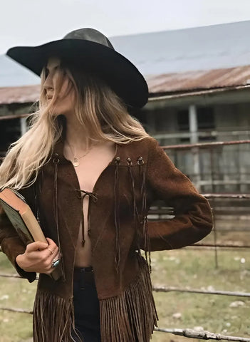 Boho Western Fringe Jacket – Brown Suede Look Cowgirl Coat, Tie Front Vintage Style, Festival Rodeo Outfit, Rustic Ranch Fashion