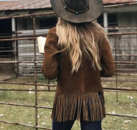 Boho Western Fringe Jacket – Brown Suede Look Cowgirl Coat, Tie Front Vintage Style, Festival Rodeo Outfit, Rustic Ranch Fashion