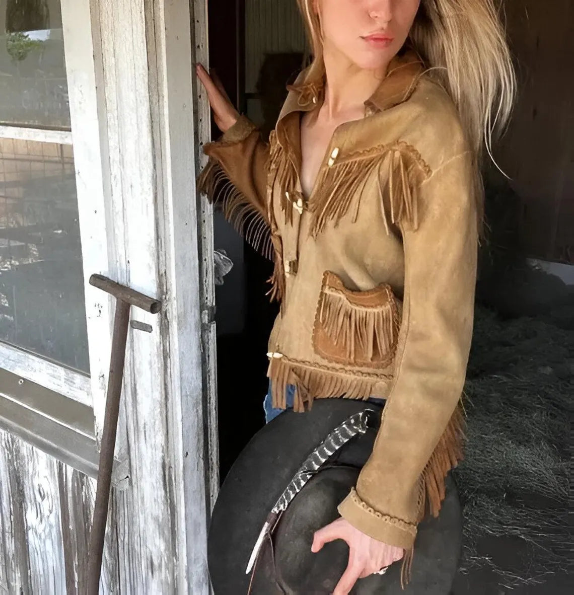 Boho Western Fringe Jacket – Brown Suede Look Cowgirl Coat, Vintage Style, Festival Rodeo Outfit, Rustic Ranch Fashion