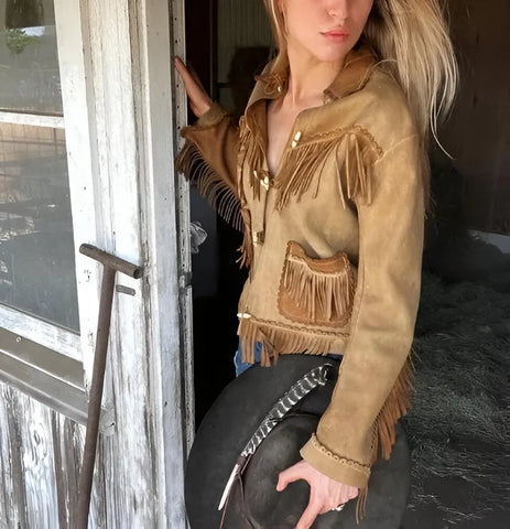Boho Western Fringe Jacket – Brown Suede Look Cowgirl Coat, Vintage Style, Festival Rodeo Outfit, Rustic Ranch Fashion
