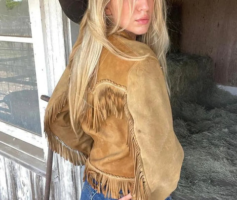 Boho Western Fringe Jacket – Brown Suede Look Cowgirl Coat, Vintage Style, Festival Rodeo Outfit, Rustic Ranch Fashion
