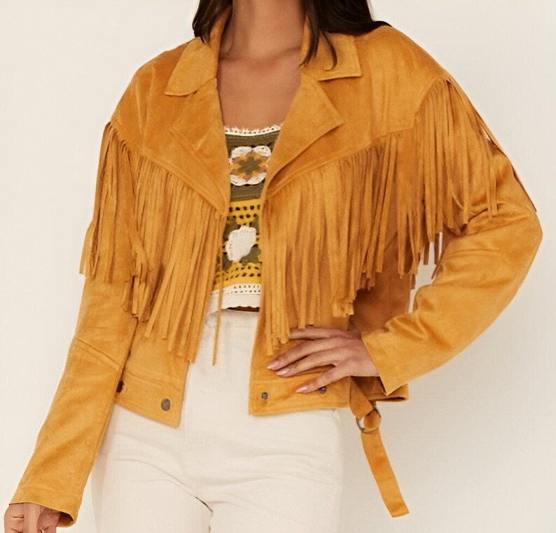 Vintage-Inspired Mustard Suede Fringe Jacket – Western Boho Style, Cropped Fit, Genuine Suede, Festival Outfit, Cowgirl Jacket