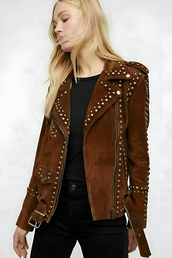 Vintage Brown Suede Studded Biker Jacket | Women's Western Rocker Moto Coat | Boho Festival Outerwear | Handmade Leather Jacket