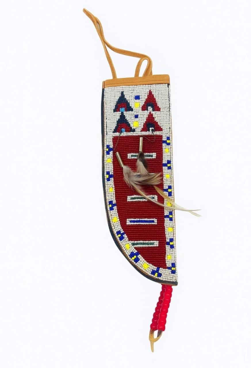 Hand-Beaded Leather Knife Sheath for Collectors – Tribal Western Beadwork Cover with Feather Accent | Handmade Gift for Men
