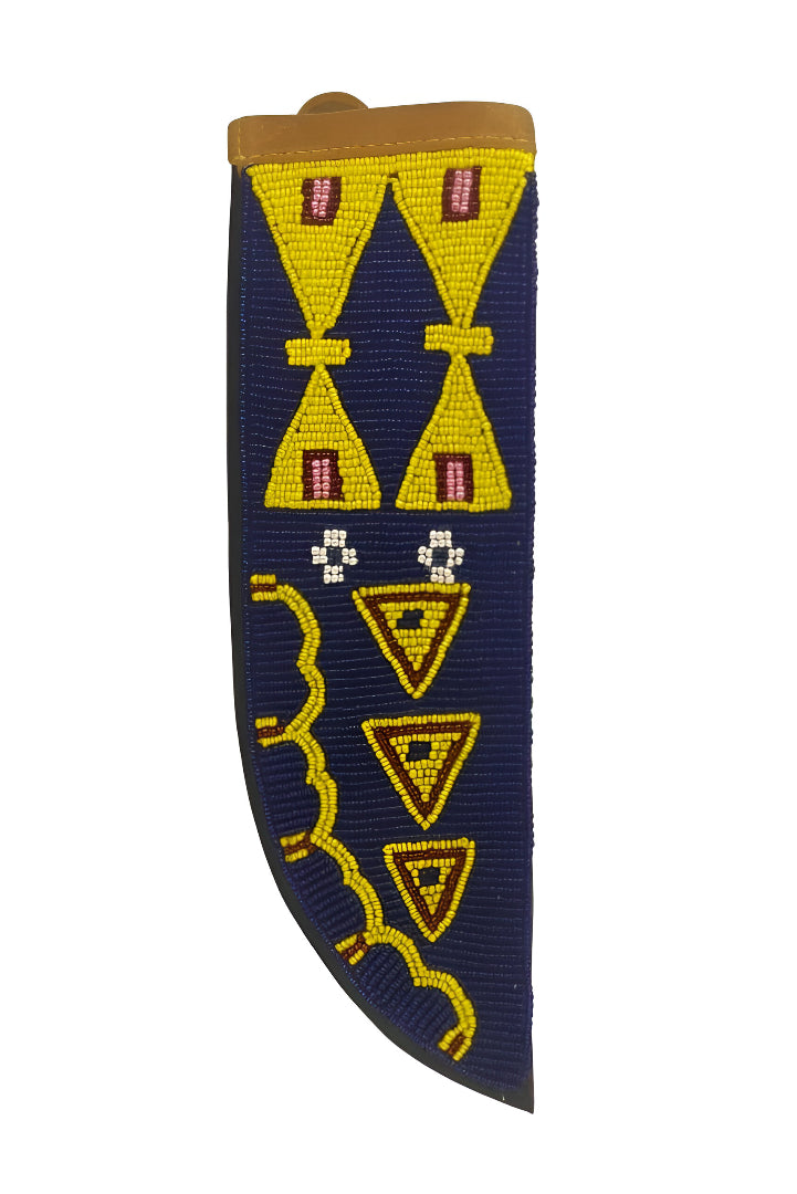 Handmade Native American Beaded Knife Sheath | Blue & Yellow Tribal Design | Leather Beadwork | Western Decor Gift