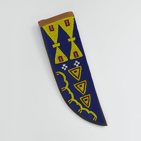 Handmade Native American Beaded Knife Sheath | Blue & Yellow Tribal Design | Leather Beadwork | Western Decor Gift