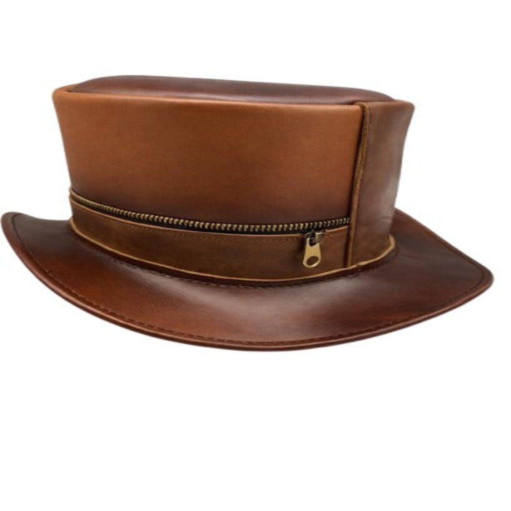Handcrafted leather top hat with zipper crown in steampunk Western costume style