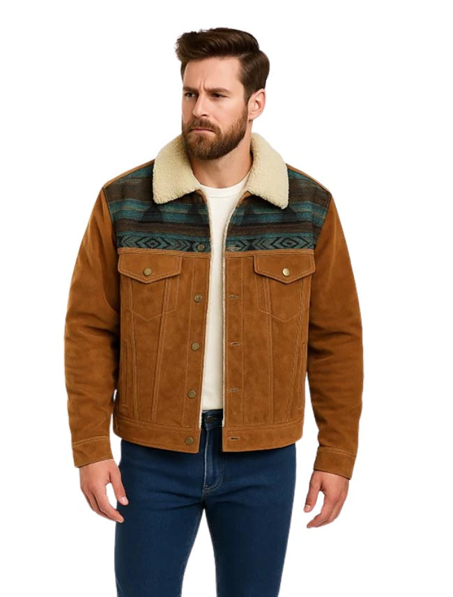 men's brown suede jacket with geometric pattern yoke and cream fur collar.