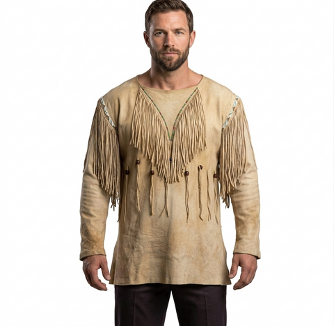 &nbsp;Men's Distressed Suede Buckskin Leather Fringe Shirt Jacket | Vintage Western