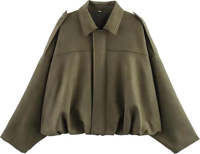 oversized olive-toned suede jacket with a pleated hem and shoulder epaulettes.