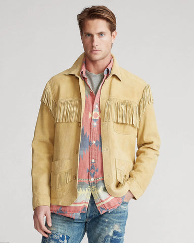 Mens Suede Fringe Jacket Western Cowboy Style Vintage 70s Button Front Leather Coat