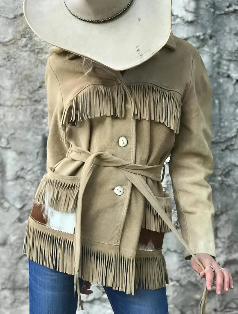 Women's Western Blazer Jacket – Cream Cowgirl Coat with Brown Leather Pocket | Lightweight Retro Ranch Style | Fall Outerwear