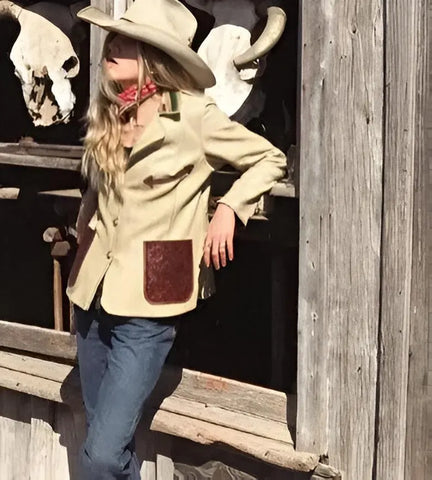 Women's Western Fringe Jacket – Beige Suede-Look Cowgirl Coat with Cowhide Patches & Belted Waist | Rodeo & Festival Outerwear