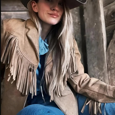 Vintage Western Fringe Suede Jacket – Cowgirl Style Button-tan brown Suede Coat with Long Sleeve Tassel Detail | Retro Rodeo Americana outfit