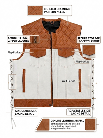 Men’s  Leather Motorcycle Vest  Two Tone Riding Waistcoat with Quilted Diamond Yoke and Adjustable Side Lacing