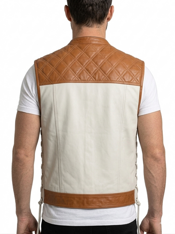 Men’s  Leather Motorcycle Vest  Two Tone Riding Waistcoat with Quilted Diamond Yoke and Adjustable Side Lacing