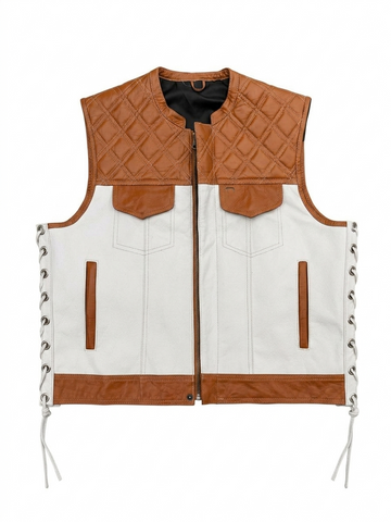 Men’s  Leather Motorcycle Vest  Two Tone Riding Waistcoat with Quilted Diamond Yoke and Adjustable Side Lacing