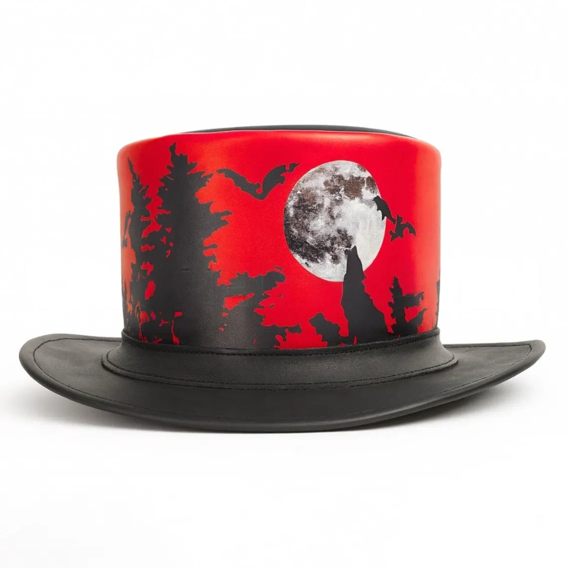Red Halloween Leather Top Hat – Spooky Forest, Full Moon, And Bats Costume