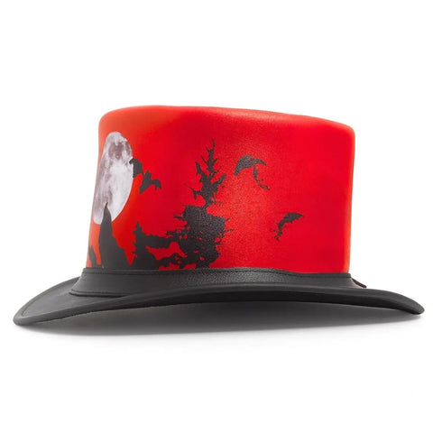 Red Halloween Leather Top Hat – Spooky Forest, Full Moon, And Bats Costume