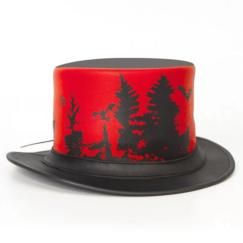 Red Halloween Leather Top Hat – Spooky Forest, Full Moon, And Bats Costume