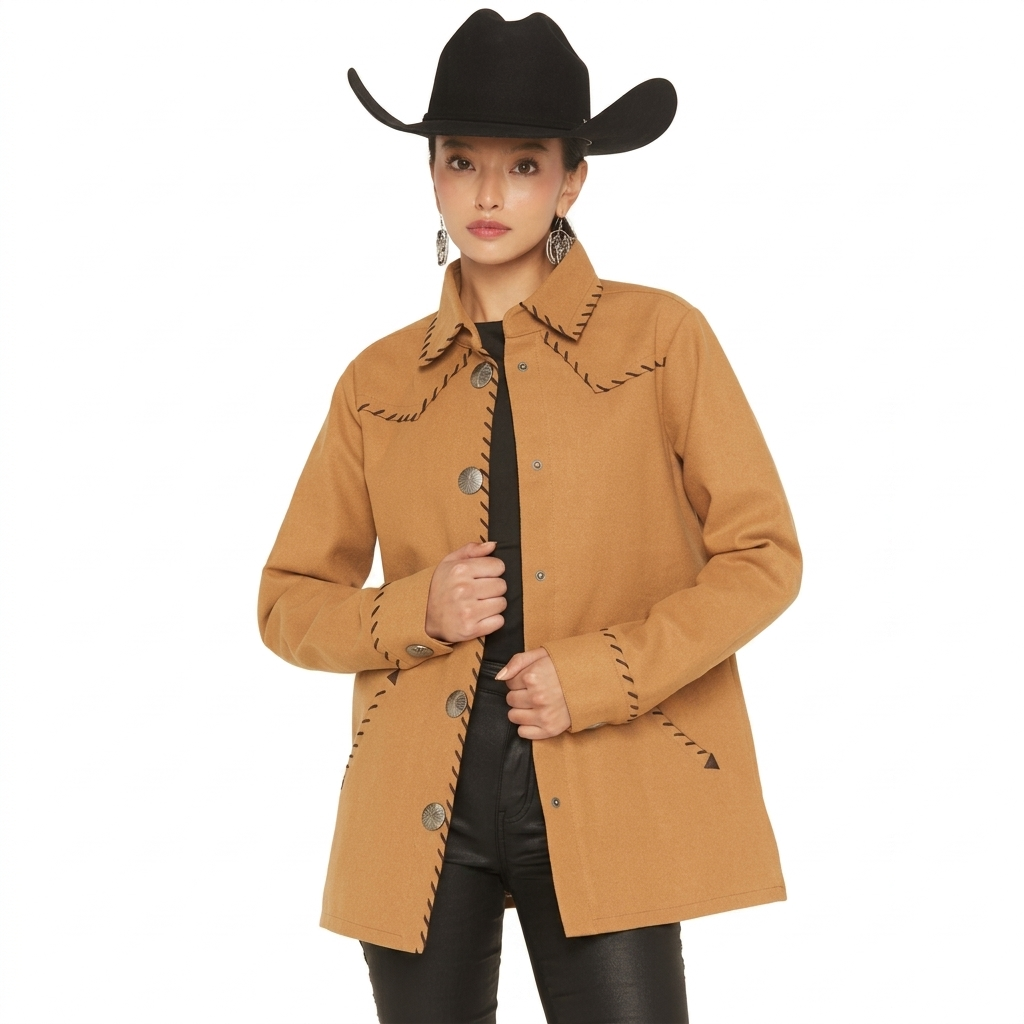 woman wearing a tan suede western jacket with black whipstitch detailing and ornate silver buttons.