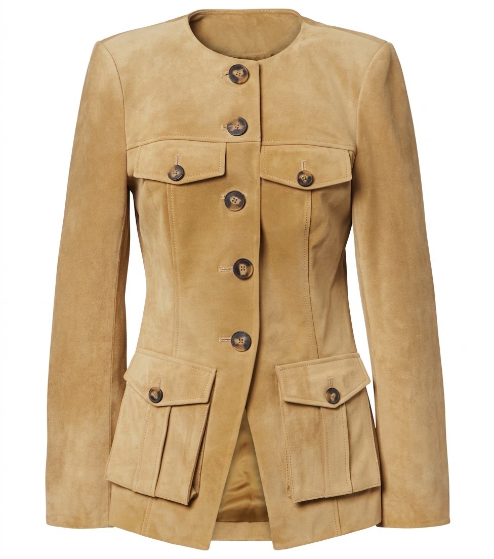 women's tan genuine suede jacket with four button-flap pockets and a collarless neck.