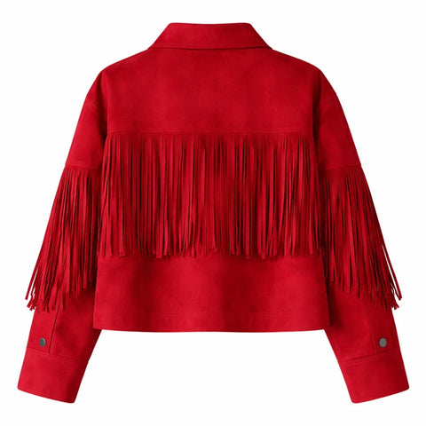 Women’s  Suede Fringe Jacket  Genuine Leather Cropped Western Utility Coat with Studded Yoke and Snap Closures